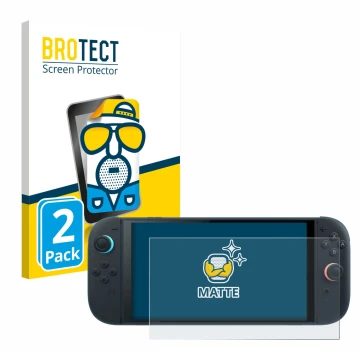Face avant d’un emballage produit avec le logo de la marque BROTECT. À côté, l’appareil Nintendo Switch 2 est représenté avec 