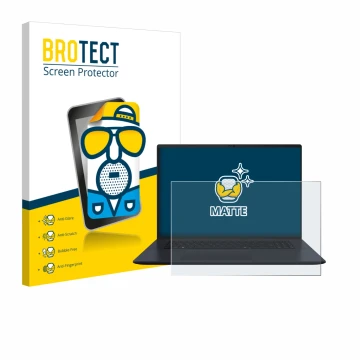 Face avant d’un emballage produit avec le logo de la marque BROTECT. À côté, l’appareil ASUS Vivobook 18 M1807 est représenté 