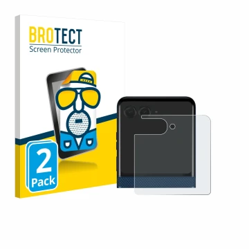 Face avant d’un emballage produit avec le logo de la marque BROTECT. À côté, l’appareil Motorola Razr 60 (Affichage arrière) e