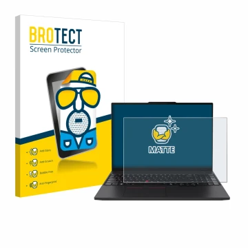 Face avant d’un emballage produit avec le logo de la marque BROTECT. À côté, l’appareil Lenovo ThinkPad P16s Gen 4 est représe