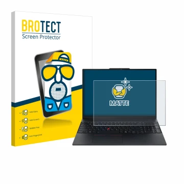 Face avant d’un emballage produit avec le logo de la marque BROTECT. À côté, l’appareil Lenovo ThinkPad E16 Gen 3 est représen