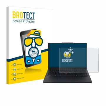 Face avant d’un emballage produit avec le logo de la marque BROTECT. À côté, l’appareil Lenovo ThinkPad E14 Gen 7 est représen