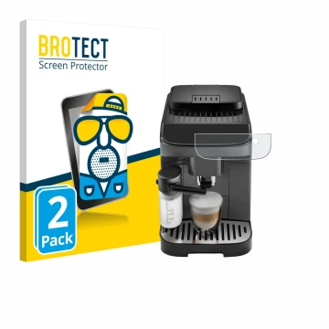 Face avant d’un emballage produit avec le logo de la marque BROTECT. À côté, l’appareil DeLonghi Magnifica Evo est représenté 