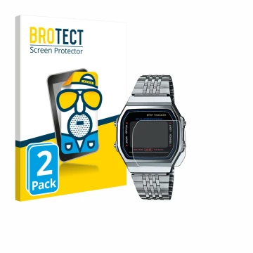 Face avant d’un emballage produit avec le logo de la marque BROTECT. À côté, l’appareil Casio iconic ABL-100WE-1A est représen