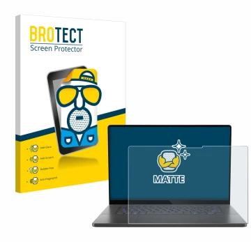 Face avant d’un emballage produit avec le logo de la marque BROTECT. À côté, l’appareil ASUS ROG Zephyrus G16 2025 est représe