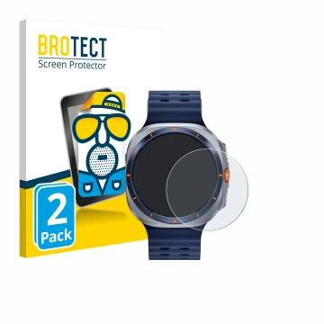 Face avant d’un emballage produit avec le logo de la marque BROTECT. À côté, l’appareil Samsung Galaxy Watch Ultra 2 (47 mm) e