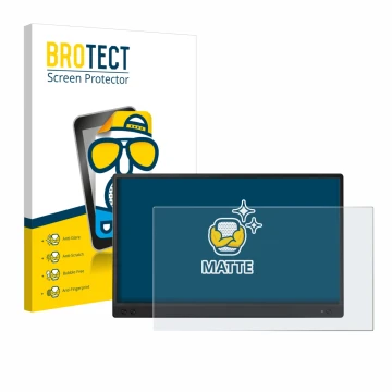 Face avant d’un emballage produit avec le logo de la marque BROTECT. À côté, l’appareil ASUS ZenScreen MB166C est représenté a