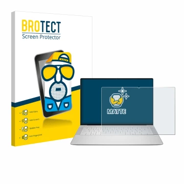 Face avant d’un emballage produit avec le logo de la marque BROTECT. À côté, l’appareil Dell 14 Premium Laptop est représenté 