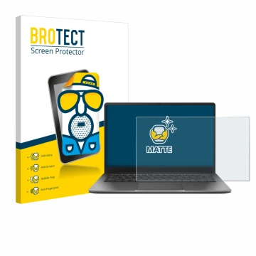 Face avant d’un emballage produit avec le logo de la marque BROTECT. À côté, l’appareil ASUS Chromebook Plus CX14 est représen