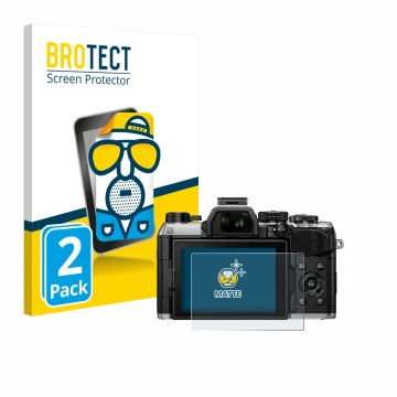 Face avant d’un emballage produit avec le logo de la marque BROTECT. À côté, l’appareil Olympus OM System OM-5 Mark II est rep