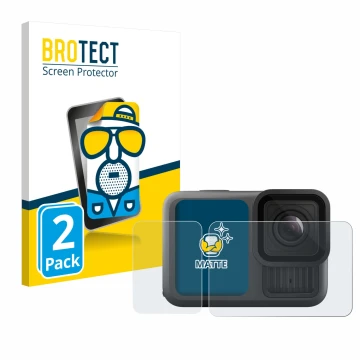 Face avant d’un emballage produit avec le logo de la marque BROTECT. À côté, l’appareil GoPro Hero 13 Black Creator Edition es