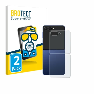 Face avant d’un emballage produit avec le logo de la marque BROTECT. À côté, l’appareil Samsung Galaxy Z Flip 7 (Arrière) est 