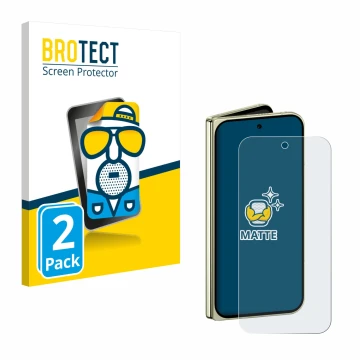 Face avant d’un emballage produit avec le logo de la marque BROTECT. À côté, l’appareil Google Pixel 10 Pro Fold est représent