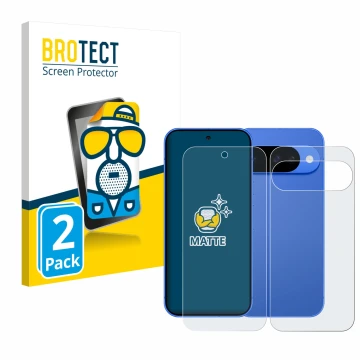 Face avant d’un emballage produit avec le logo de la marque BROTECT. À côté, l’appareil Google Pixel 10 (Avant+Arrière) est re