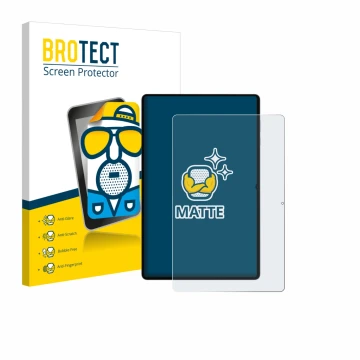 Face avant d’un emballage produit avec le logo de la marque BROTECT. À côté, l’appareil Samsung Galaxy Tab S11 Ultra (portrait