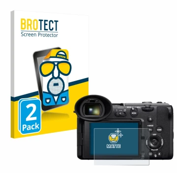 Face avant d’un emballage produit avec le logo de la marque BROTECT. À côté, l’appareil Sony Cinema Line FX2 est représenté av