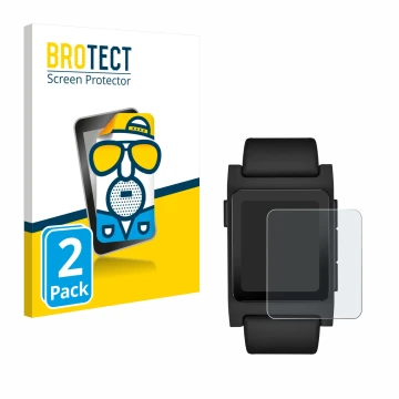 Face avant d’un emballage produit avec le logo de la marque BROTECT. À côté, l’appareil Pebble 2 Duo 2025 est représenté avec 
