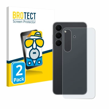 Face avant d’un emballage produit avec le logo de la marque BROTECT. À côté, l’appareil Samsung Galaxy S25 FE (Arrière) est re