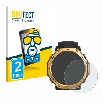 Face avant d’un emballage produit avec le logo de la marque BROTECT. À côté, l’appareil Huami Amazfit T-Rex 3 Pro (48 mm) est 