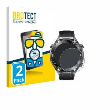 Face avant d’un emballage produit avec le logo de la marque BROTECT. À côté, l’appareil Huawei Watch Ultimate 2 Black est repr