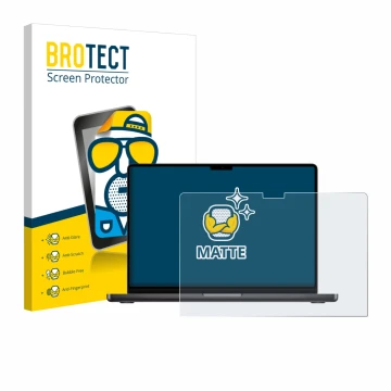 Face avant d’un emballage produit avec le logo de la marque BROTECT. À côté, l’appareil Apple MacBook Pro 14