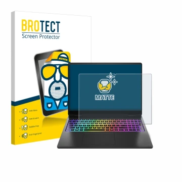 Face avant d’un emballage produit avec le logo de la marque BROTECT. À côté, l’appareil HP Omen Max 16 est représenté avec la 