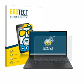 Face avant d’un emballage produit avec le logo de la marque BROTECT. À côté, l’appareil Lenovo 13w Yoga Gen 2 est représenté a