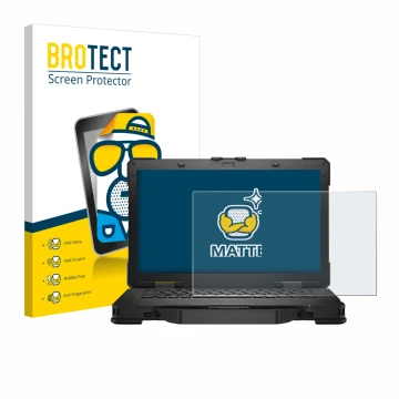 Face avant d’un emballage produit avec le logo de la marque BROTECT. À côté, l’appareil Dell Pro Rugged 14 Laptop est représen