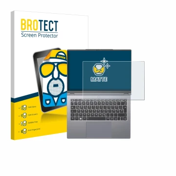 Face avant d’un emballage produit avec le logo de la marque BROTECT. À côté, l’appareil Tuxedo InfinityBook Pro 14 Gen 10 est 