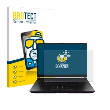 Face avant d’un emballage produit avec le logo de la marque BROTECT. À côté, l’appareil ASUS ROG Strix SCAR 18 2025 est représ