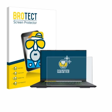 Face avant d’un emballage produit avec le logo de la marque BROTECT. À côté, l’appareil Gigabyte AERO X16 2025 est représenté 