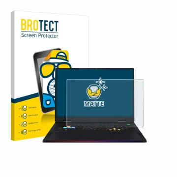 Face avant d’un emballage produit avec le logo de la marque BROTECT. À côté, l’appareil MSI Raider A18 HX est représenté avec 