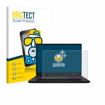 Face avant d’un emballage produit avec le logo de la marque BROTECT. À côté, l’appareil MSI Vector 16 HX AI est représenté ave