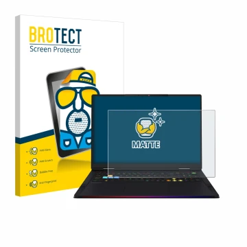 Face avant d’un emballage produit avec le logo de la marque BROTECT. À côté, l’appareil MSI Raider 18 HX AI 2025 est représent