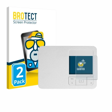Face avant d’un emballage produit avec le logo de la marque BROTECT. À côté, l’appareil Canon Selphy CP1500 Mini est représent