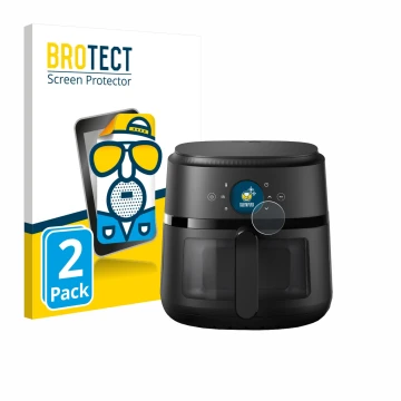 Face avant d’un emballage produit avec le logo de la marque BROTECT. À côté, l’appareil Philips Airfryer 2000 Gen 2 6,2L est r