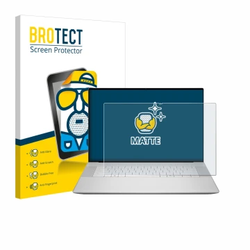 Face avant d’un emballage produit avec le logo de la marque BROTECT. À côté, l’appareil Dell 16 Premium Laptop est représenté 