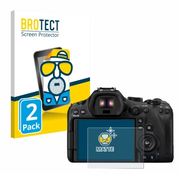 Face avant d’un emballage produit avec le logo de la marque BROTECT. À côté, l’appareil Canon EOS R6 Mark III est représenté a