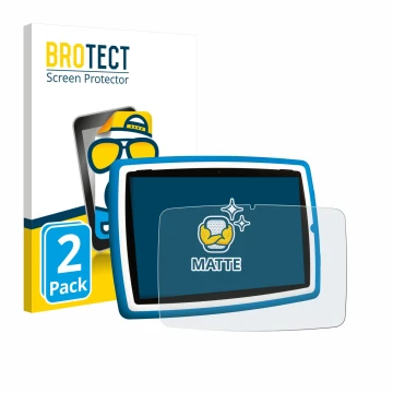 Face avant d’un emballage produit avec le logo de la marque BROTECT. À côté, l’appareil Lisciani Mio Tab 10 Tutor XL est repré