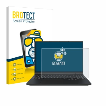 Face avant d’un emballage produit avec le logo de la marque BROTECT. À côté, l’appareil Tuxedo InfinityBook Max 15 Gen 10 est 