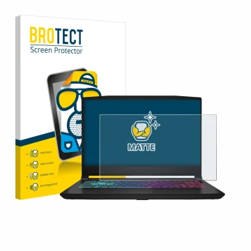 Face avant d’un emballage produit avec le logo de la marque BROTECT. À côté, l’appareil MSI Katana 15 HX B14 est représenté av
