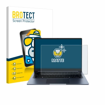 Face avant d’un emballage produit avec le logo de la marque BROTECT. À côté, l’appareil Chuwi CoreBook Air 14