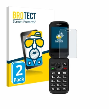 Face avant d’un emballage produit avec le logo de la marque BROTECT. À côté, l’appareil Simvalley Mobile XL-970 est représenté