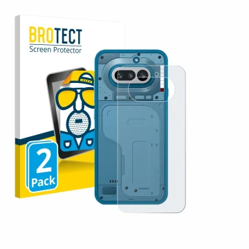 Face avant d’un emballage produit avec le logo de la marque BROTECT. À côté, l’appareil Nothing Phone (4a) (Arrière) est repré