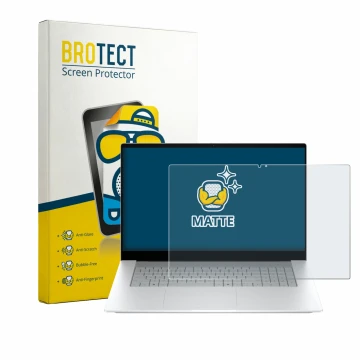 Face avant d’un emballage produit avec le logo de la marque BROTECT. À côté, l’appareil HP OmniBook X 17-de0776ngx est représe