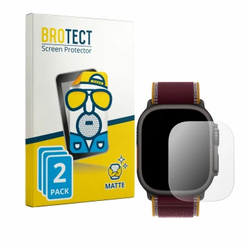 Face avant d’un emballage produit avec le logo de la marque BROTECT. À côté, l’appareil Apple Watch Ultra 4 (49 mm) est représ