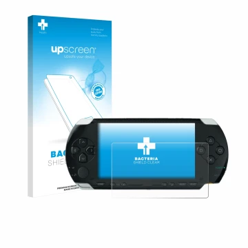 Face avant d’un emballage produit avec le logo de la marque upscreen. À côté, l’appareil Sony PSP 1000 est représenté avec la 