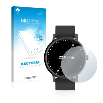 Face avant d’un emballage produit avec le logo de la marque upscreen. À côté, l’appareil Montres (Circulaire, ø: 22 mm) est re