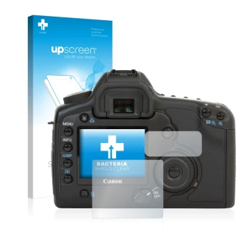 Face avant d’un emballage produit avec le logo de la marque upscreen. À côté, l’appareil Canon EOS 5D est représenté avec la p