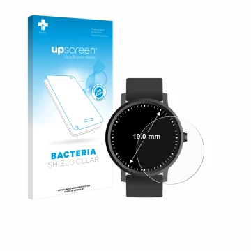 Face avant d’un emballage produit avec le logo de la marque upscreen. À côté, l’appareil Montres (Circulaire, ø: 19 mm) est re